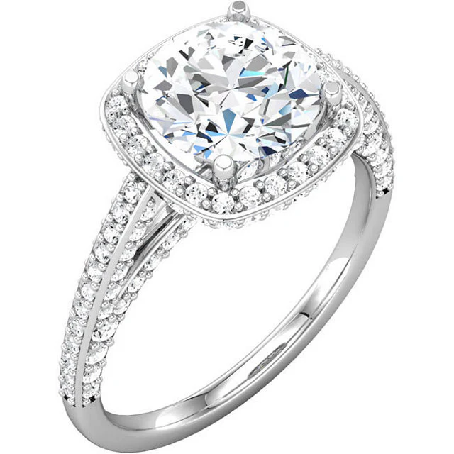 Cubic Zirconia Engagement Ring- The Brittany Sue (0.5-2.0 Carat Round Halo-Styled with Cascading Pave Band) - Image 3