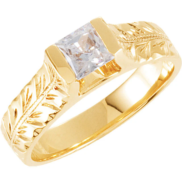 Cubic Zirconia Engagement Ring- The Cassie (0.5 Carat Princess-Cut Channel Solitaire with Hand-Engraved Firefly Motif) - Image 3