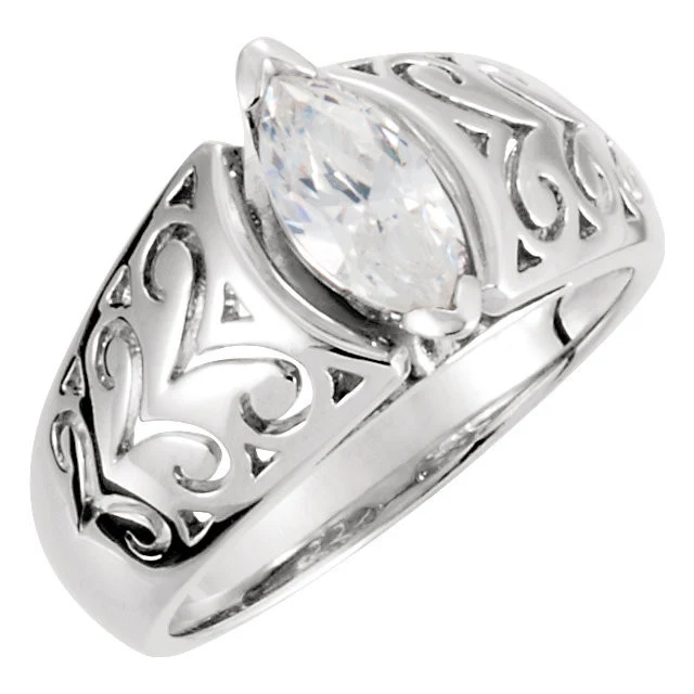 Cubic Zirconia Engagement Ring- The Michele (0.75 Carat Cathedral Marquise Solitaire with Scuplture-Inscribed Band) - Image 3