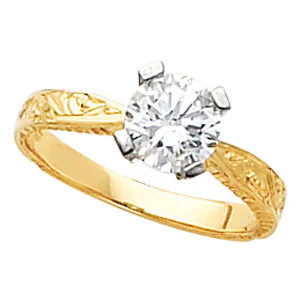 Cubic Zirconia Engagement Ring- The Iris (Round 1.0 CT Solitaire with Hand-Engraved Band and Two-Tone Gold Accents) - Image 3