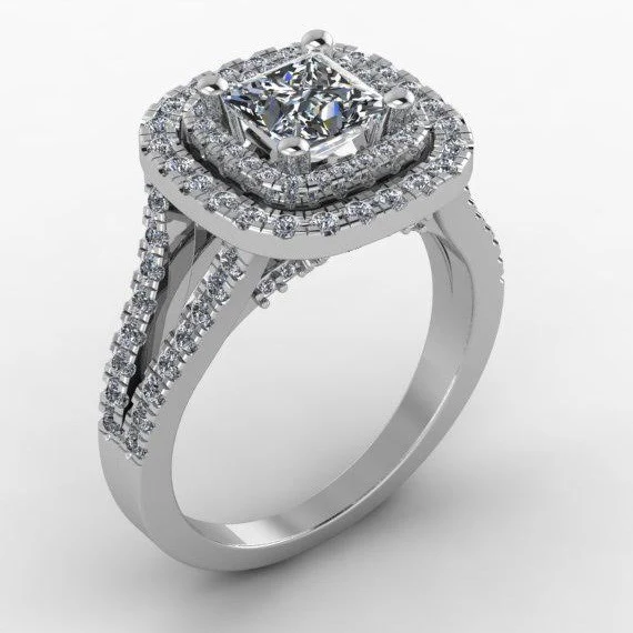 Cubic Zirconia Engagement Ring- The Lisa Love (2.25 TCW Princess Cut 2x Halo with Split-Band Pave and Sapphire Peekaboo) - Image 3