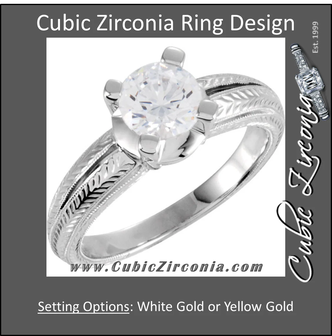Cubic Zirconia Engagement Ring- The Kendra (1 Carat Round 4-Prong Solitaire with Hand-Engraved Ribbed Metal) - Image 2