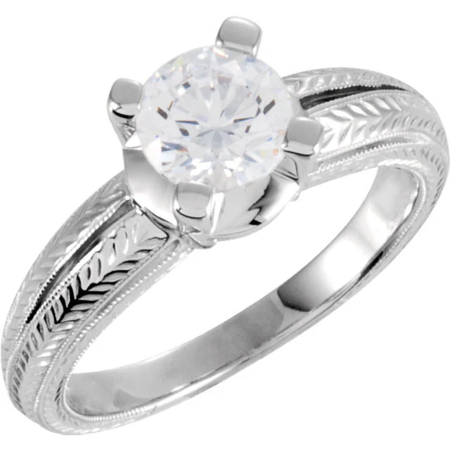 Cubic Zirconia Engagement Ring- The Kendra (1 Carat Round 4-Prong Solitaire with Hand-Engraved Ribbed Metal) - Image 3