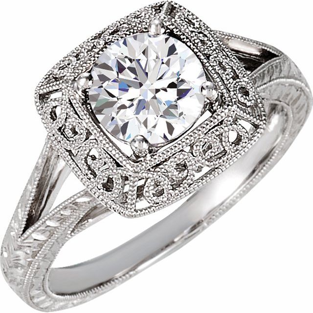 Cubic Zirconia Engagement Ring- The Angel (1 Carat Round Solitaire with Split-Band and Engraved Mega-Mounting) - Image 2