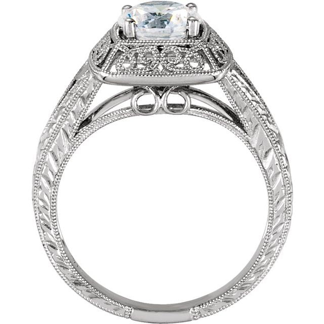 Cubic Zirconia Engagement Ring- The Angel (1 Carat Round Solitaire with Split-Band and Engraved Mega-Mounting) - Image 3