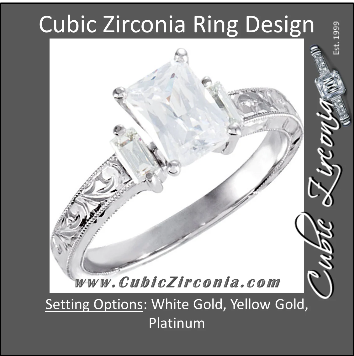Cubic Zirconia Engagement Ring- The Abigail (1.26 CT Emerald-Cut with Baguette Accents and Hand-Engraved Band) - Image 3