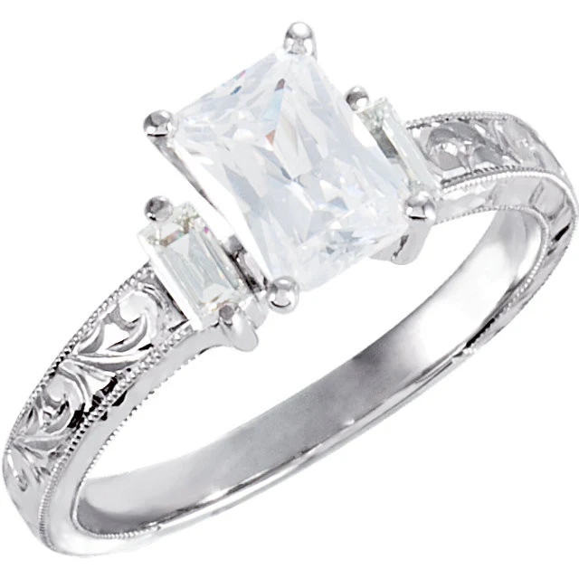 Cubic Zirconia Engagement Ring- The Abigail (1.26 CT Emerald-Cut with Baguette Accents and Hand-Engraved Band) - Image 4