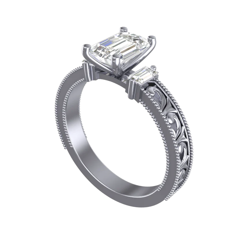 Cubic Zirconia Engagement Ring- The Abigail (1.26 CT Emerald-Cut with Baguette Accents and Hand-Engraved Band) - Image 5