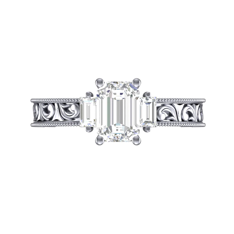 Cubic Zirconia Engagement Ring- The Abigail (1.26 CT Emerald-Cut with Baguette Accents and Hand-Engraved Band) - Image 6