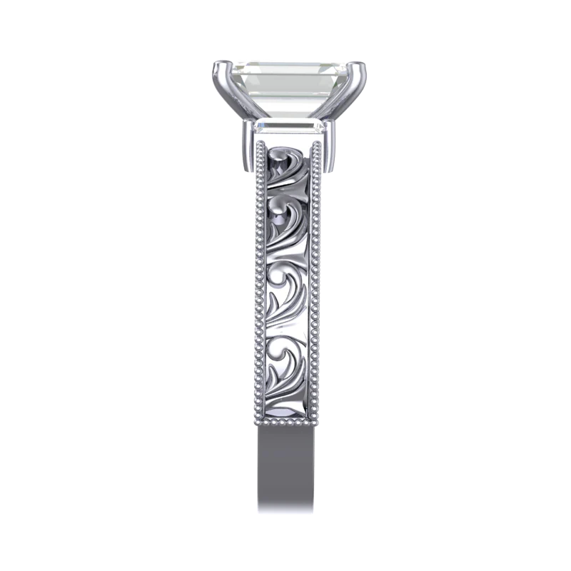 Cubic Zirconia Engagement Ring- The Abigail (1.26 CT Emerald-Cut with Baguette Accents and Hand-Engraved Band) - Image 7