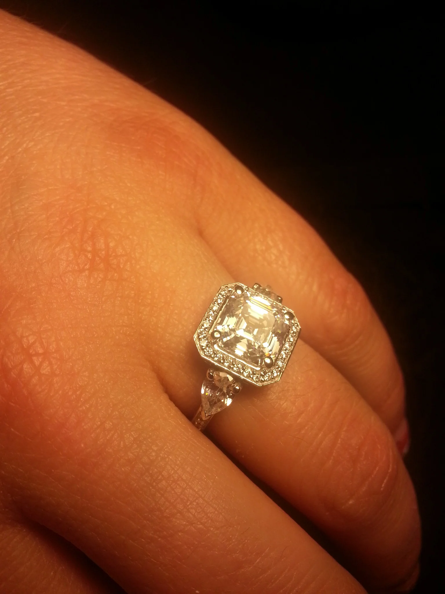 Cubic Zirconia Engagement Ring- The Lori Blue (4.04 Carat TCW Asscher Cut Halo with Pear Cut and Pave Accents) - Image 16