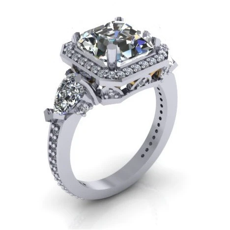 Cubic Zirconia Engagement Ring- The Lori Blue (4.04 Carat TCW Asscher Cut Halo with Pear Cut and Pave Accents) - Image 3