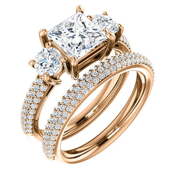 CZ Wedding Set, Style 05-24 feat The Nicole Engagement Ring (Customizable Three-Stone with Round Pave Accents) - Image 2