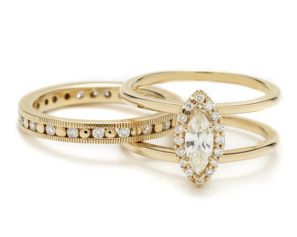 CZ Wedding Set, Double Banded Harness Ring with Round Channel Hand-Engraved Wedding Band - Image 3
