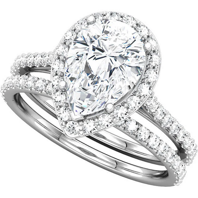 Cubic Zirconia Engagement Ring- The Maria (Pear Cut Halo-Style with Pave Band) - Image 5
