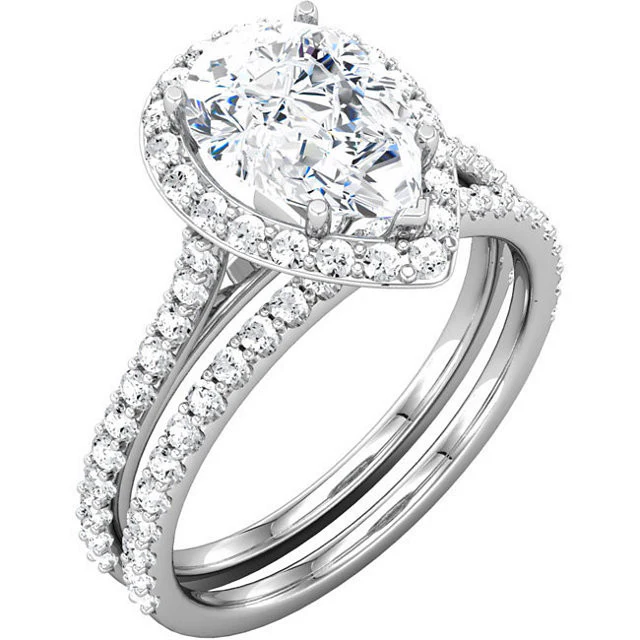 Cubic Zirconia Engagement Ring- The Maria (Pear Cut Halo-Style with Pave Band) - Image 6