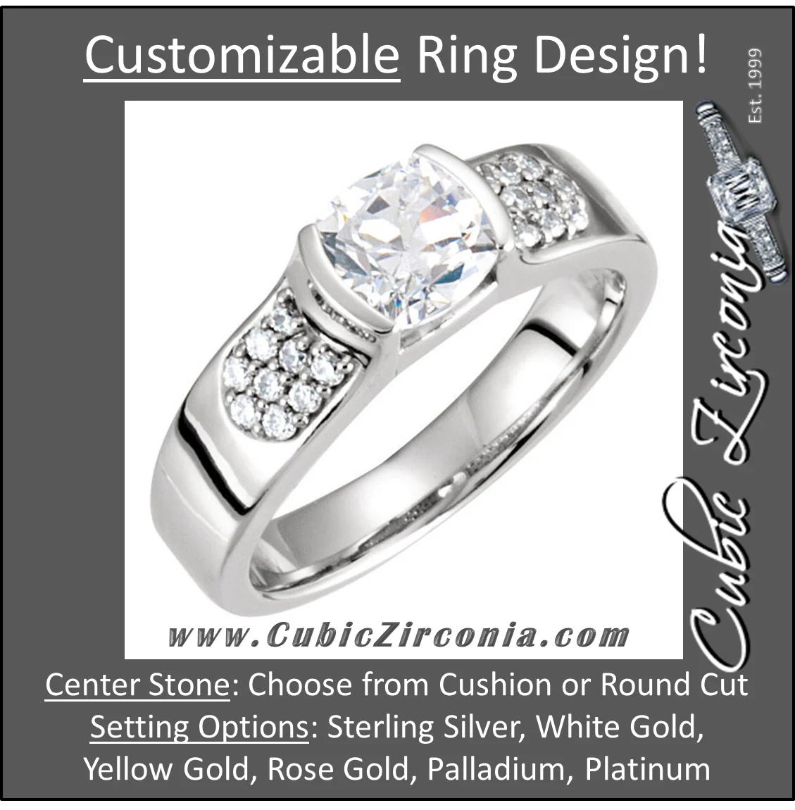 Cubic Zirconia Engagement Ring- The Tammy (Round or Cushion Bezel) - Image 2