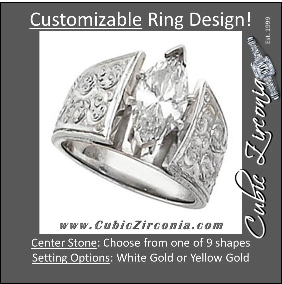 Cubic Zirconia Engagement Ring- The Jodi (0.12-5.0 CT Customizable Center Wide Hand-Engraved Solitaire) - Image 2