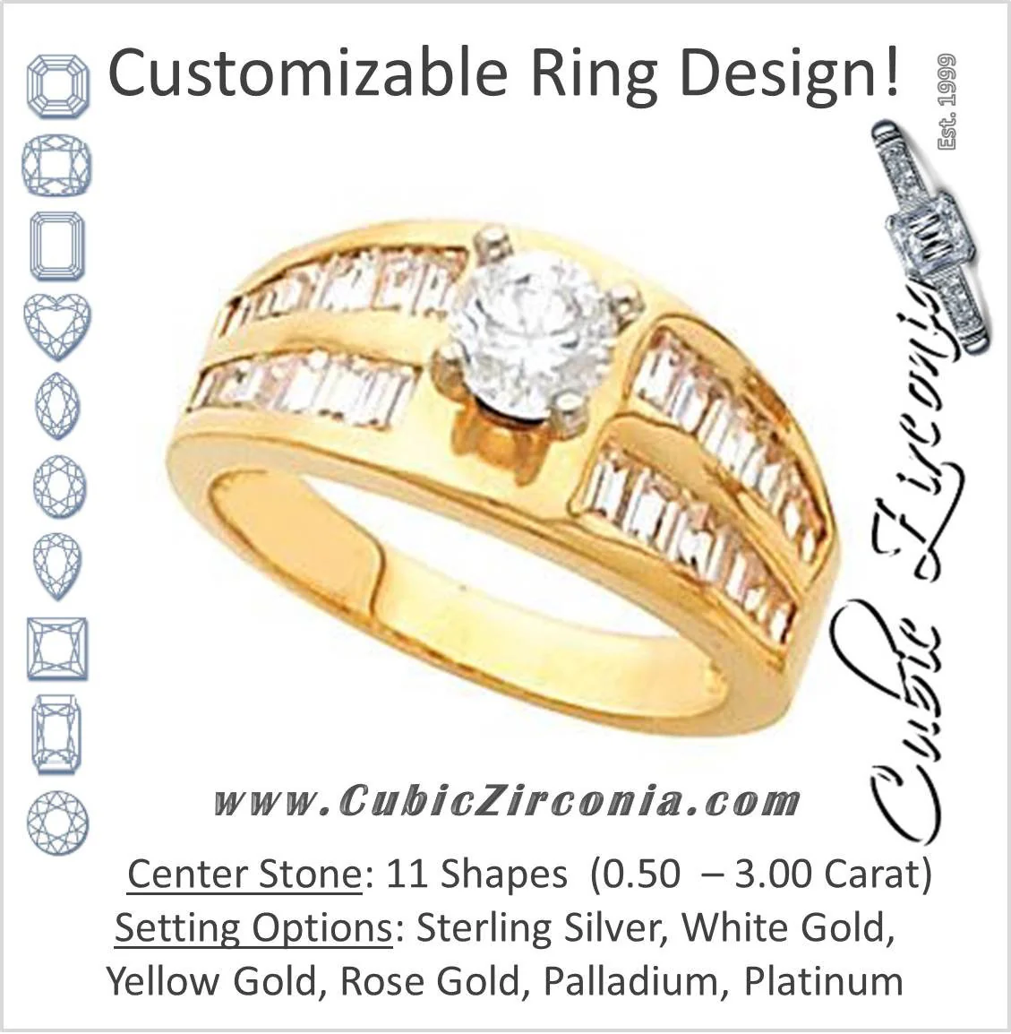 Cubic Zirconia Engagement Ring- The Juliana (Customizable Center with Double Row of Channel-set Baguettes)