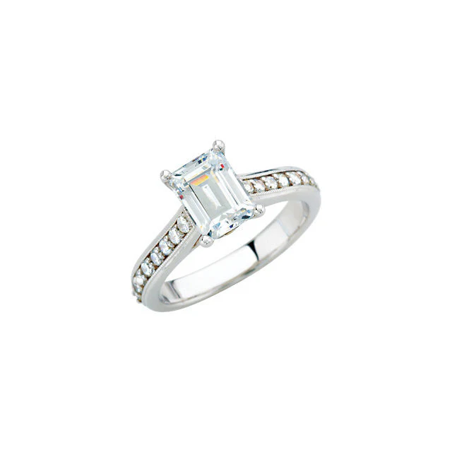 Cubic Zirconia Engagement Ring- The Kimberly (1 Carat Emerald-Cut Cathedral Style with Round Band Accents and Square Kite-set Peekaboo) - Image 3