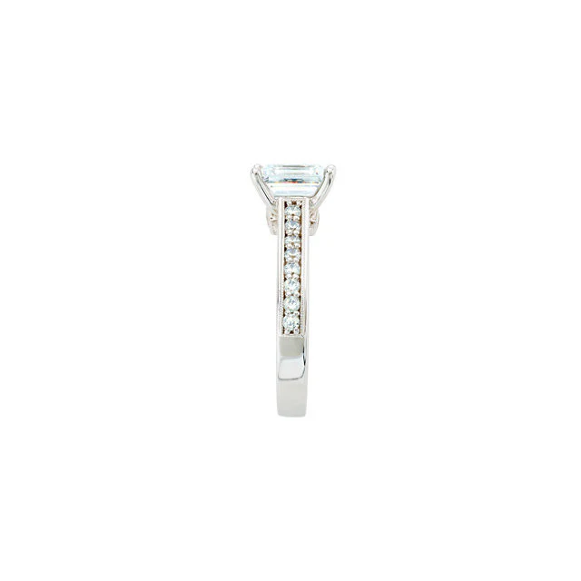 Cubic Zirconia Engagement Ring- The Kimberly (1 Carat Emerald-Cut Cathedral Style with Round Band Accents and Square Kite-set Peekaboo) - Image 5
