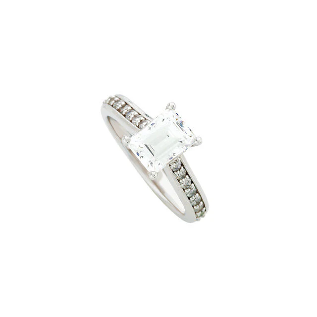 Cubic Zirconia Engagement Ring- The Kimberly (1 Carat Emerald-Cut Cathedral Style with Round Band Accents and Square Kite-set Peekaboo) - Image 6