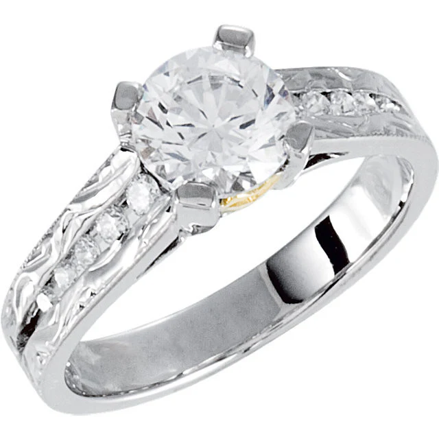 Cubic Zirconia Engagement Ring- The Krista (Round 1.0 CT Tapered Channel Setting with Hand-Engraved Band and Two-Tone Metal Color) - Image 3