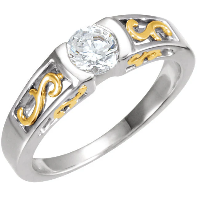 Cubic Zirconia Engagement Ring- The Kristi (0.5 CT Round Bezel-Set Solitaire with S-Pattern Band and Two-Tone Option) - Image 3