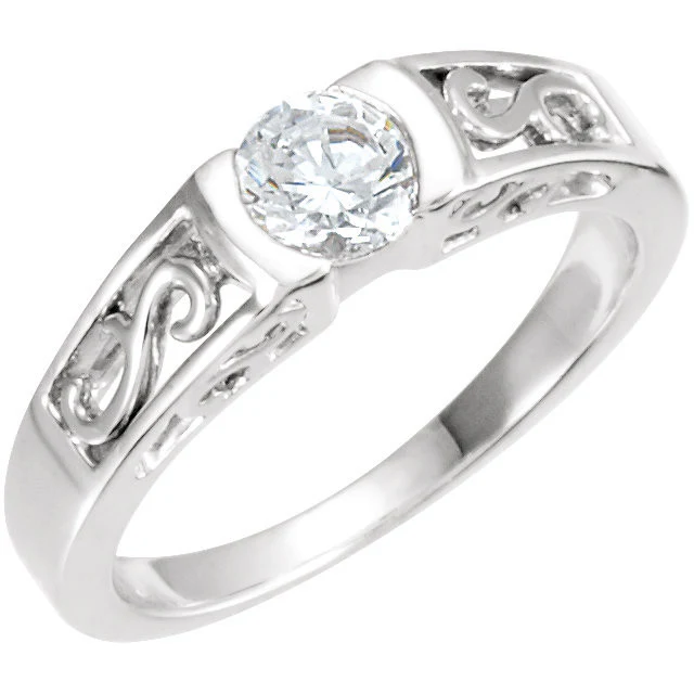 Cubic Zirconia Engagement Ring- The Kristi (0.5 CT Round Bezel-Set Solitaire with S-Pattern Band and Two-Tone Option) - Image 4