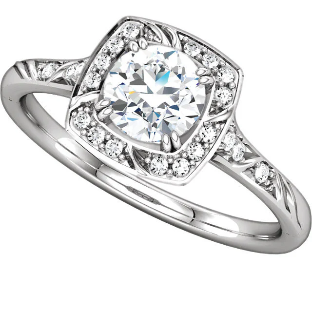 Cubic Zirconia Engagement Ring- The Meghan (Round-Cut with Segmented Halo and Etched Pave Band) - Image 3