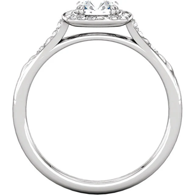 Cubic Zirconia Engagement Ring- The Meghan (Round-Cut with Segmented Halo and Etched Pave Band) - Image 4