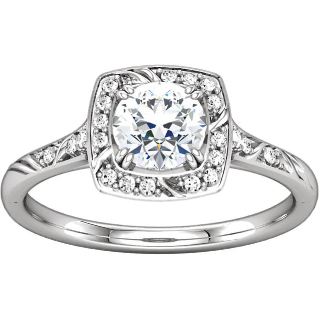 Cubic Zirconia Engagement Ring- The Meghan (Round-Cut with Segmented Halo and Etched Pave Band) - Image 5