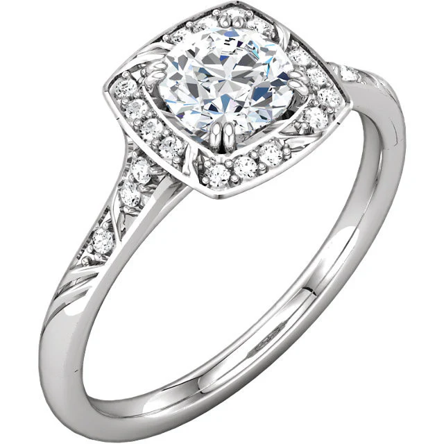 Cubic Zirconia Engagement Ring- The Meghan (Round-Cut with Segmented Halo and Etched Pave Band) - Image 7