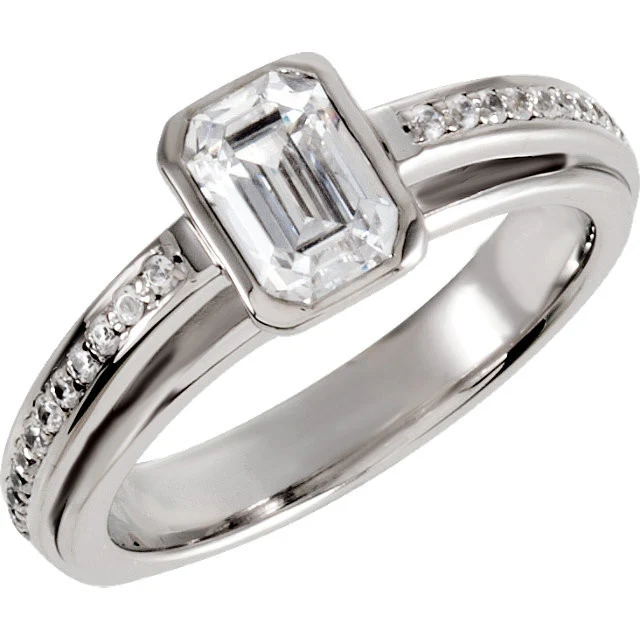 Cubic Zirconia Engagement Ring- The Sharon (1.18 TCW Emerald-Cut with Pave Band) - Image 3