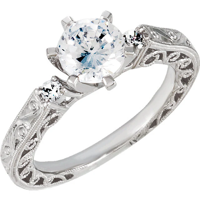 Cubic Zirconia Engagement Ring- The Shawna (Round w/ Twin Mini CZ Accents and Swirly-Pattern Hand-Engraved Band) - Image 3