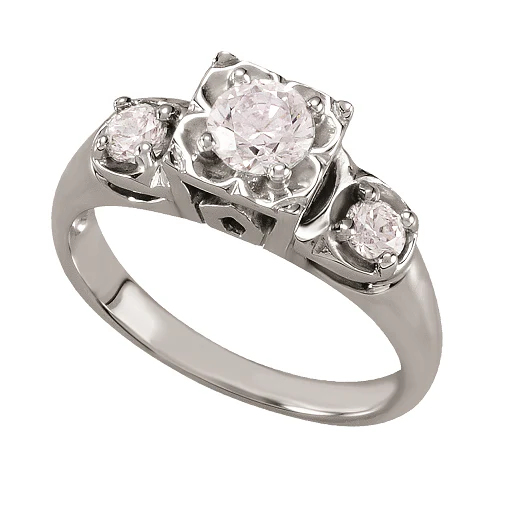 Cubic Zirconia Engagement Ring- The Vania (Floral Round Cut 3-stone) - Image 2