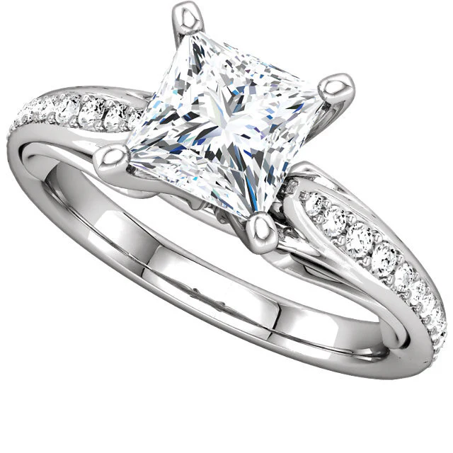 Cubic Zirconia Engagement Ring- The Wendy (0.5-2.0 Carat Princess-Cut Dual Teardrop Setting with Pave Band) - Image 3