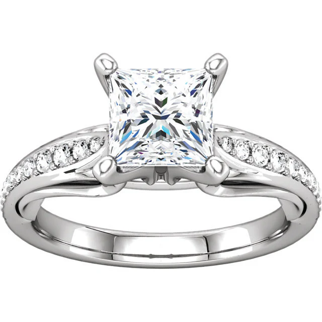 Cubic Zirconia Engagement Ring- The Wendy (0.5-2.0 Carat Princess-Cut Dual Teardrop Setting with Pave Band) - Image 6