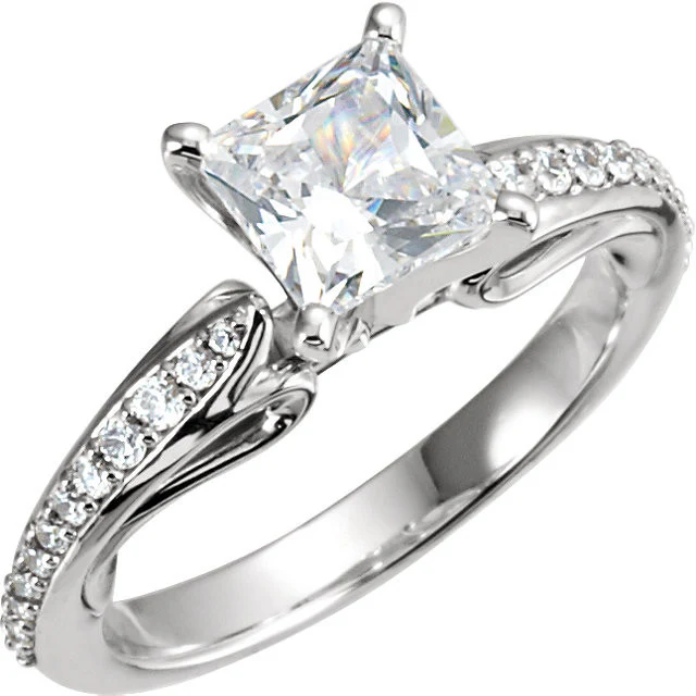 Cubic Zirconia Engagement Ring- The Wendy (0.5-2.0 Carat Princess-Cut Dual Teardrop Setting with Pave Band) - Image 7
