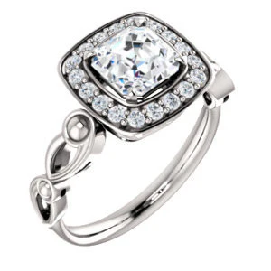 Cubic Zirconia Engagement Ring- The Deb (Customizable Asscher Cut Design with Large Halo, Fleur-de-lis Trellis and Bubbled Infinity Band) - Image 2