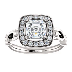Cubic Zirconia Engagement Ring- The Deb (Customizable Asscher Cut Design with Large Halo, Fleur-de-lis Trellis and Bubbled Infinity Band) - Image 4