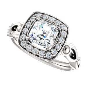 Cubic Zirconia Engagement Ring- The Deb (Customizable Asscher Cut Design with Large Halo, Fleur-de-lis Trellis and Bubbled Infinity Band) - Image 6