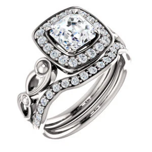 Cubic Zirconia Engagement Ring- The Deb (Customizable Asscher Cut Design with Large Halo, Fleur-de-lis Trellis and Bubbled Infinity Band) - Image 7