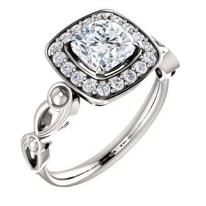 Cubic Zirconia Engagement Ring- The Deb (Customizable Cushion Cut Design with Large Halo, Fleur-de-lis Trellis and Bubbled Infinity Band) - Image 2