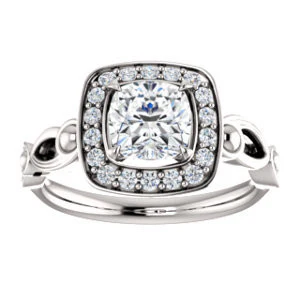 Cubic Zirconia Engagement Ring- The Deb (Customizable Cushion Cut Design with Large Halo, Fleur-de-lis Trellis and Bubbled Infinity Band) - Image 4