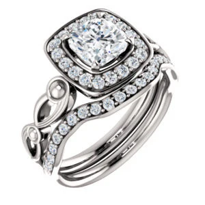 Cubic Zirconia Engagement Ring- The Deb (Customizable Cushion Cut Design with Large Halo, Fleur-de-lis Trellis and Bubbled Infinity Band) - Image 7
