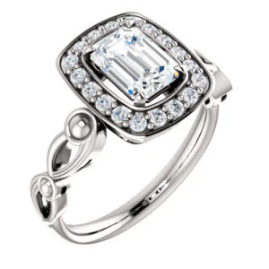 Cubic Zirconia Engagement Ring- The Deb (Customizable Emerald Cut Design with Large Halo, Fleur-de-lis Trellis and Bubbled Infinity Band) - Image 2