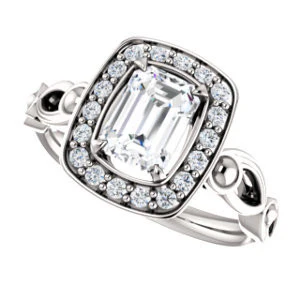 Cubic Zirconia Engagement Ring- The Deb (Customizable Emerald Cut Design with Large Halo, Fleur-de-lis Trellis and Bubbled Infinity Band) - Image 6