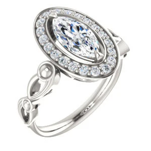Cubic Zirconia Engagement Ring- The Deb (Customizable Marquise Cut Design with Large Halo, Fleur-de-lis Trellis and Bubbled Infinity Band) - Image 2