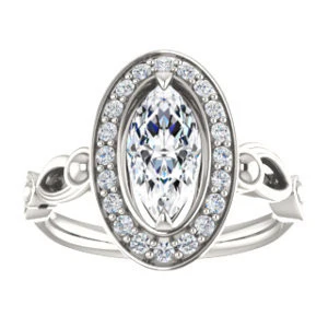 Cubic Zirconia Engagement Ring- The Deb (Customizable Marquise Cut Design with Large Halo, Fleur-de-lis Trellis and Bubbled Infinity Band) - Image 4